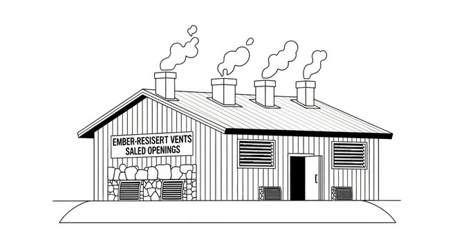 Line Art Illustration of Ember-Resistant Vents and Sealed Openings on a Building for Wildfire Safety and Home Protection