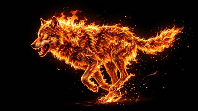 Fiery wolf running at full speed in a blaze of fire