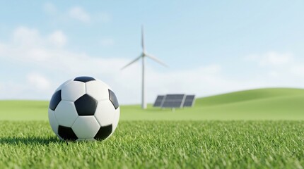 Fototapeta premium Soccer ball on green grass field with wind turbine and solar panels for sustainable sports energy