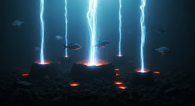 Mysterious deep sea creatures swim through glowing underwater energy beams in a surreal oceanic environment