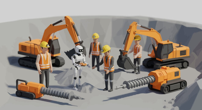Construction site with workers and heavy machinery.
