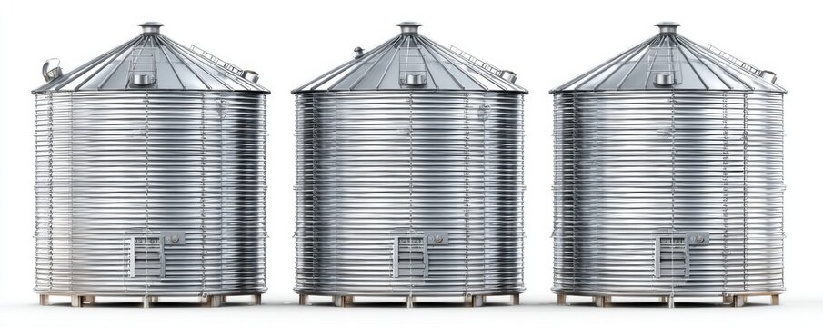 Three large industrial grain silos standing in a row against a white background.
