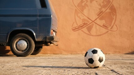 Soccer ball on pavement near blue van and travel mural wall for street sports concept