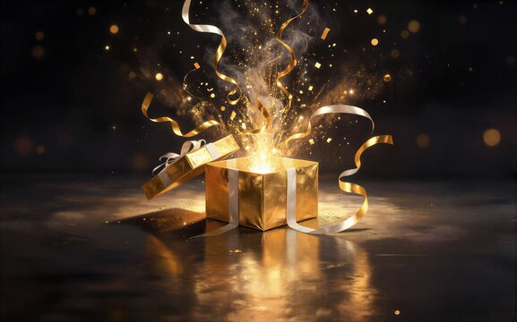 Golden gift box explodes in celebration confetti and light burst