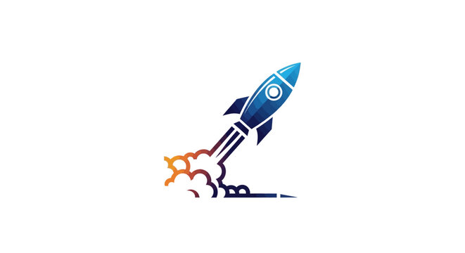 Blue rocket ship launching into space.