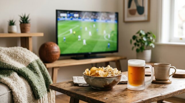 Cozy Living Room Setup for Watching Soccer Match at Home with Beer and Snacks