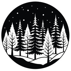 Obraz premium Group of tall snow covered pine trees under starry night sky in winter isolated on white background