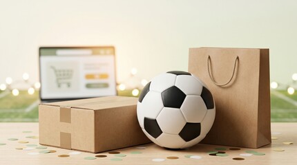 Online Sports Equipment Shopping Delivery Concept with Soccer Ball and Cardboard Box