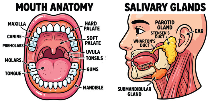 Human Mouth and Salivary Glands Anatomical Illustration
