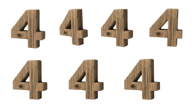 wooden number 4s standing on a white background with shadows educational purposes