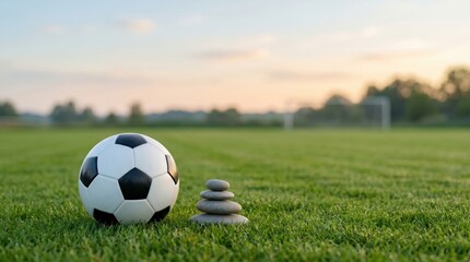 Fototapeta premium Soccer ball and balanced zen stones on green grass field for mental focus and sports training