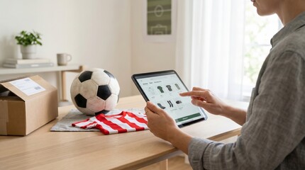 Woman Shopping Online for Kids Soccer Gear on Tablet at Home