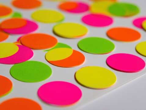 Vibrant Neon Polka Dot Stickers Scattered on White Surface.
