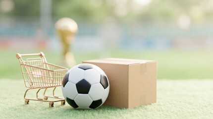 Online Sports Equipment Delivery Concept with Soccer Ball and Shipping Box on Field