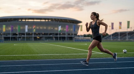 Fototapeta premium Young Fit Woman Running on Stadium Track at Sunset for Cardio Training