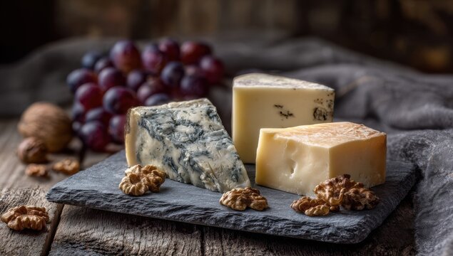 Artistic Still Life of Assorted Cheeses and Grapes on Slate.