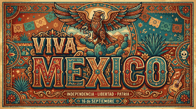 Vibrant viva mexico poster with eagle floral patterns and skulls in colorful typography design