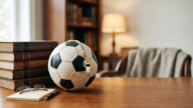 Soccer ball and whistle on desk with books for student athlete academic balance and sports management