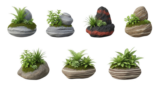 stone miniature gardens with various plant arrangements set against a pristine white background decor design projects