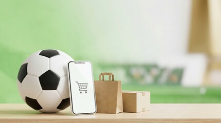 Naklejka premium Online Sports Equipment Shopping Concept with Soccer Ball and Smartphone
