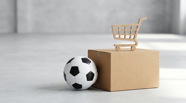 Subscription box for soccer training gear with cardboard package and shopping cart icon