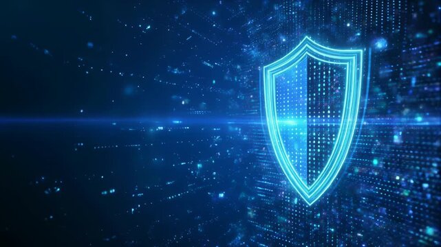 青い光のシールドが守る未来的なサイバーセキュリティ背景