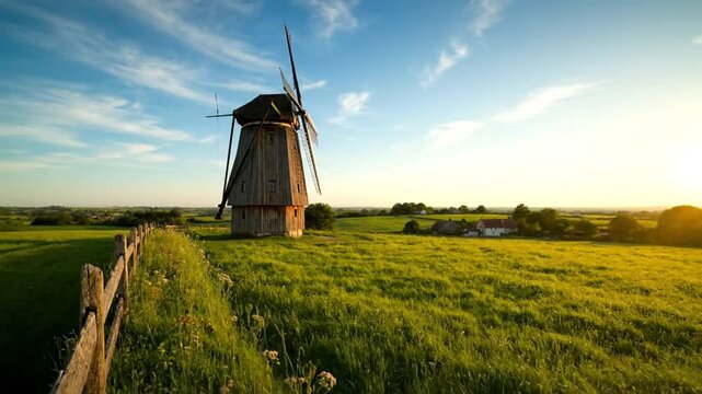 Scenic View of a Wooden Windmill in a Lush Grassy Field with a Sunset Sky and Wooden Fence