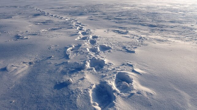 Footprints and tracks in fresh snow on a cold winter landscape