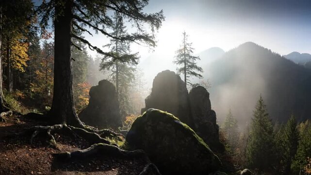 Lush Forest Landscape with Ancient Trees, Fog, and Mountain Peaks on a Bright Day