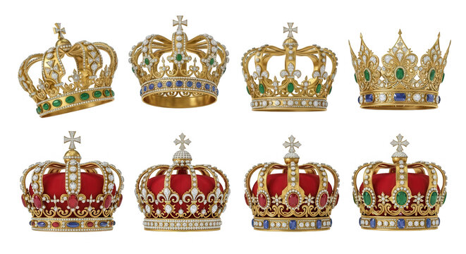 eight ornate gold crowns jewels royal emblems on white background for royalty luxury history usage