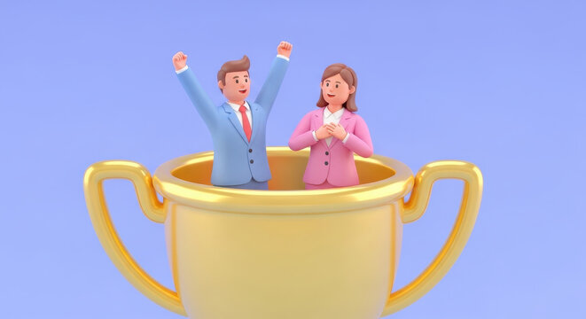 3d illustration of business team celebrating inside a large winning trophy representing corporate success and achievement