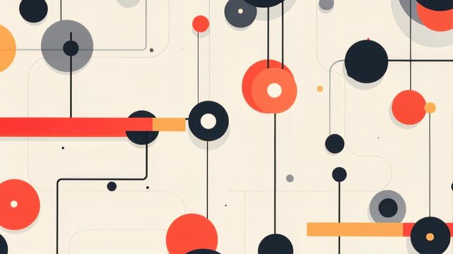 Network of Circles and Lines: A minimalist design featuring a dynamic arrangement of interconnected circles and lines, conveying concepts of data flow, connection, and abstract relationships.