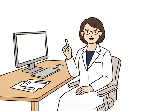 パソコンがあるデスクで人差し指を立てて説明する笑顔の白衣を着た日本人女性