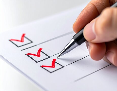 Hand checking off items on a checklist with a pen and red checkmarks