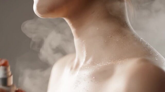 Close-Up Of A Woman Applying Hydrating Facial Mist For Skincare Routine With Soft Steam Background Ideal For Beauty And Cosmetic Advertising