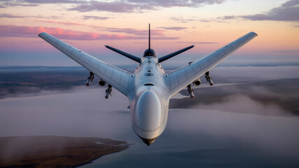 Naklejka premium A high-contrast photograph of a black military plane flying over a serene landscape
