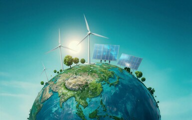 Naklejka premium Renewable energy sources power a vibrant sustainable Earth with wind