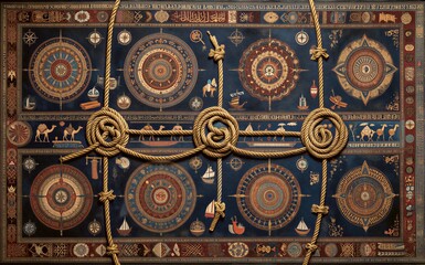Obraz premium Intricate tapestry with compasses ships and knots tied across its