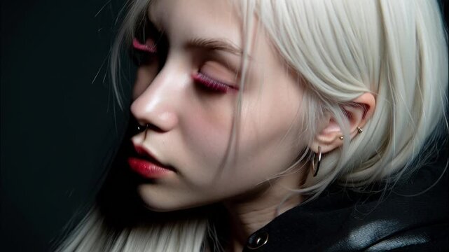 Intriguing close-up portrait of a young woman with striking platinum blonde hair and unique pink eyelashes, exuding a contemplative and modern aesthetic