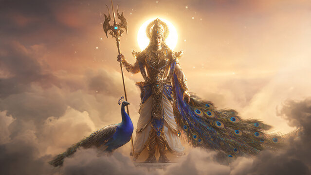 Hindu deity kartikeya with his peacock mount paravani, symbolizing courage and wisdom. Ideal for religious, cultural, or spiritual illustrations.