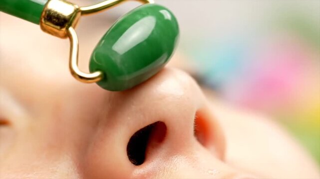 Close-Up View of a Jade Roller Applying Skincare Treatment on a Woman?s Nose for a Relaxing Beauty Ritual with Colorful Background