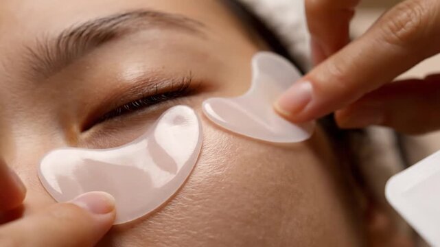 Close-Up View Of A Woman Applying Hydrating Gel Under-Eye Patches For Effective Skincare Treatment In A Relaxing Spa Environment