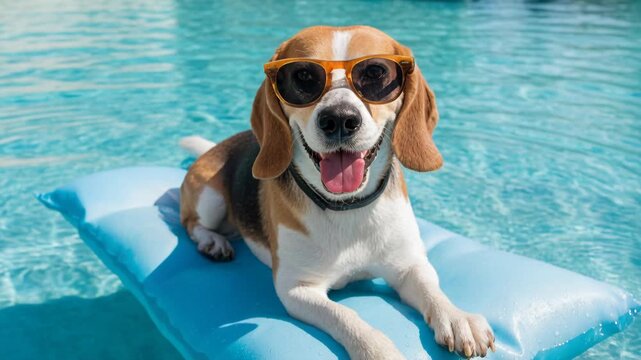 Happy beagle dog wearing orange sunglasses relaxes on an inflatable blue float in a sunny pool.