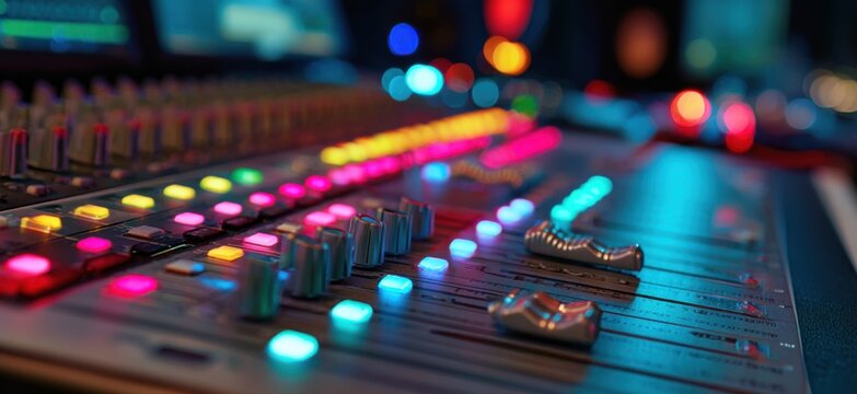 Close-up of a colorful audio mixing console with illuminated faders and buttons in a dimly lit studio.