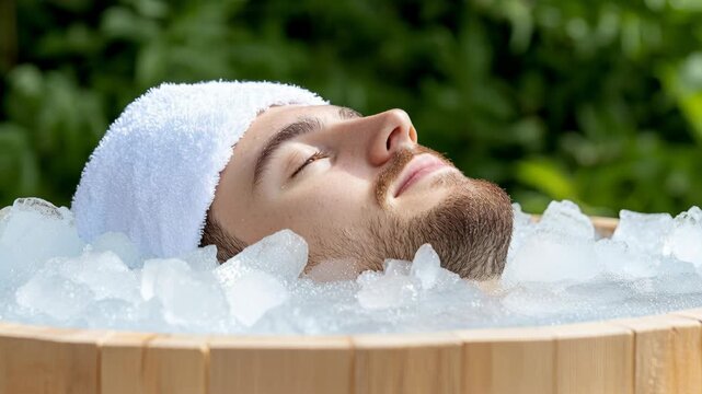 Young man with eyes closed enjoying a cold ice bath in a wooden tub for recovery and wellness.