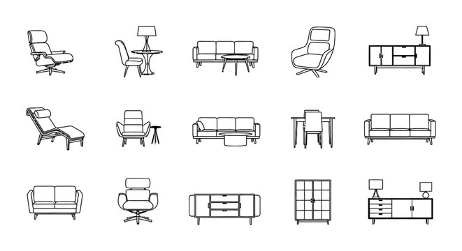 Comprehensive Architectural Furniture CAD Block Library for Interior Design Elevation Plans featuring Sofa and Couch Vector Icons for Technical Blueprints and Planning.