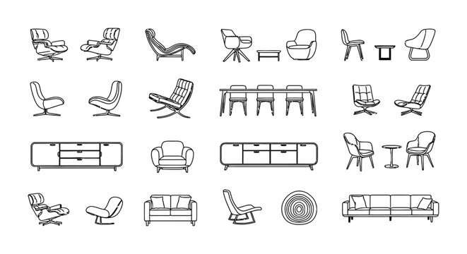 Architectural Furniture Collection and CAD Blocks for Interior Design Layouts Featuring Modern Sofa, Couch, Chairs, and Tables in 2D Plan Vector and Elevation Views