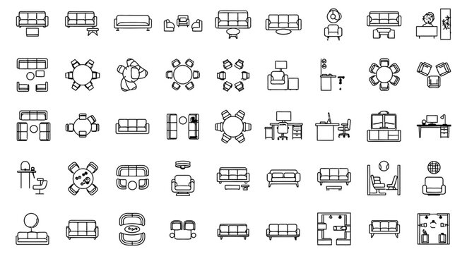 Collection of 2D CAD Floor Plan Vector Icons and Architectural Furniture CAD Blocks for Interior Design Drafting, Featuring Sofa and Couch Symbols for Technical Blueprint