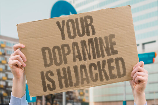 "Your Dopamine Is Hijacked" Digital platforms deliberately exploit neurological reward pathways for engagement. DOPAMINE. HIJACK. NEURO. PLATFORM. EXPLOIT.