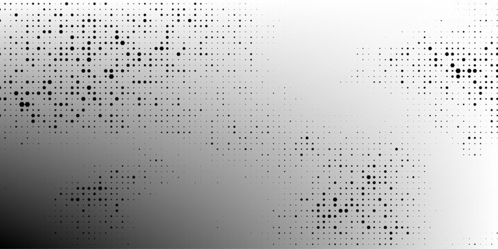 Grunge halftone gradient background. Faded grit noise texture. White and black sand wallpaper. Retro pixelated backdrop. Anime or manga style comic overlay. Vector graphic design textured template